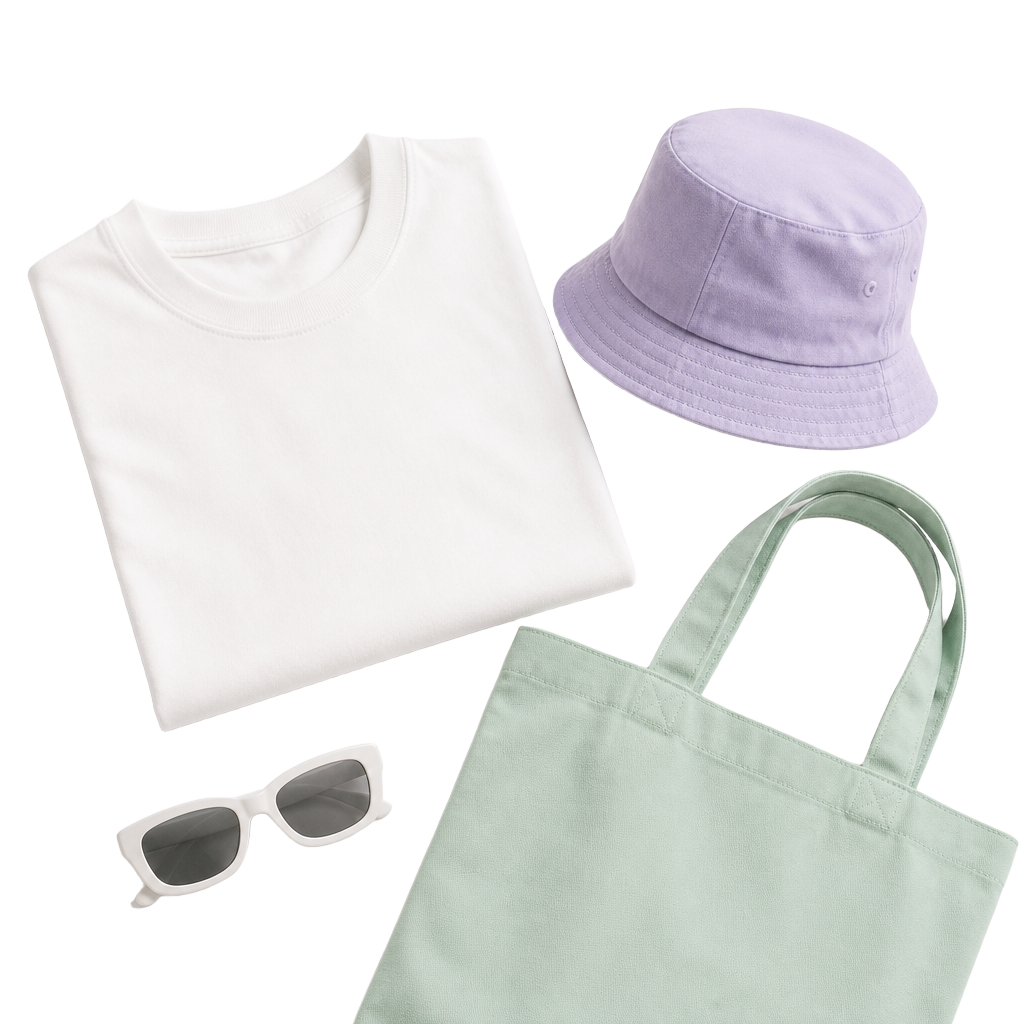 Kolekcja Novawear — biała koszulka oversize, lawendowy bucket hat, miętowa torba i okulary